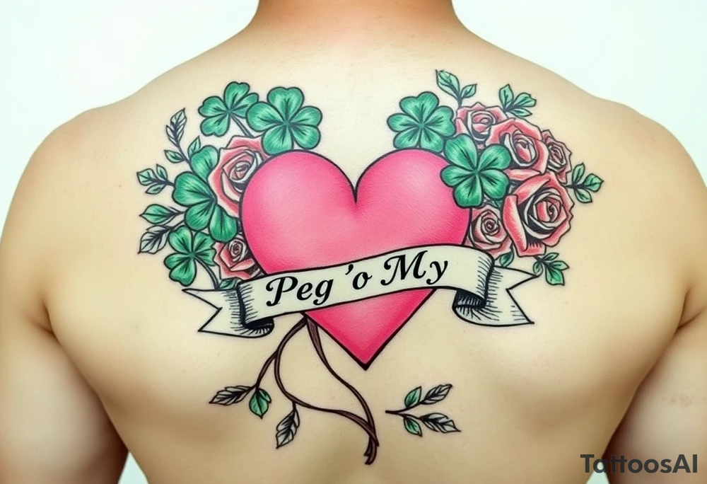 A lot of green shamrocks & red roses with a big Pink heart and a banner across the heart that says Peg 'o My Heart tattoo idea