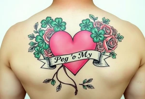 A lot of green shamrocks & red roses with a big Pink heart and a banner across the heart that says Peg 'o My Heart tattoo idea