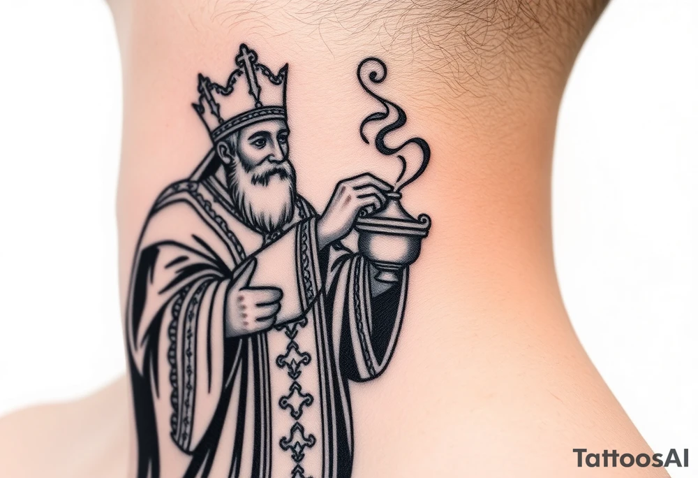 Russian Orthodox Priest in fully detailed vestment swinging a censer with smoke curling upward tattoo idea