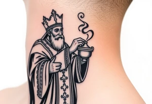 Russian Orthodox Priest in fully detailed vestment swinging a censer with smoke curling upward tattoo idea
