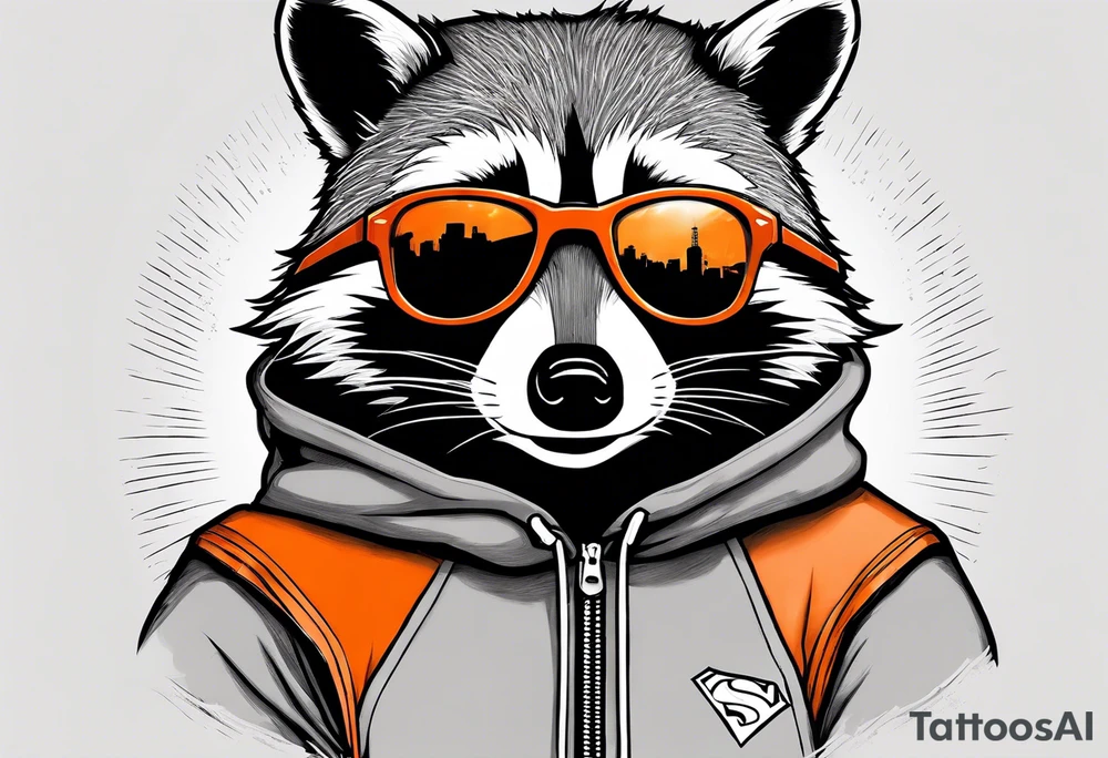 Raccoon wearing an orange Superman hoodie tattoo idea