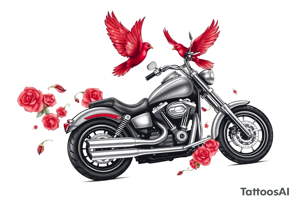 Harley grey motorcycle driving away, two red birds flying, roses, flames, angel wings tattoo idea