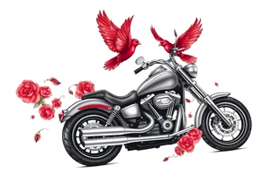 Harley grey motorcycle driving away, two red birds flying, roses, flames, angel wings tattoo idea