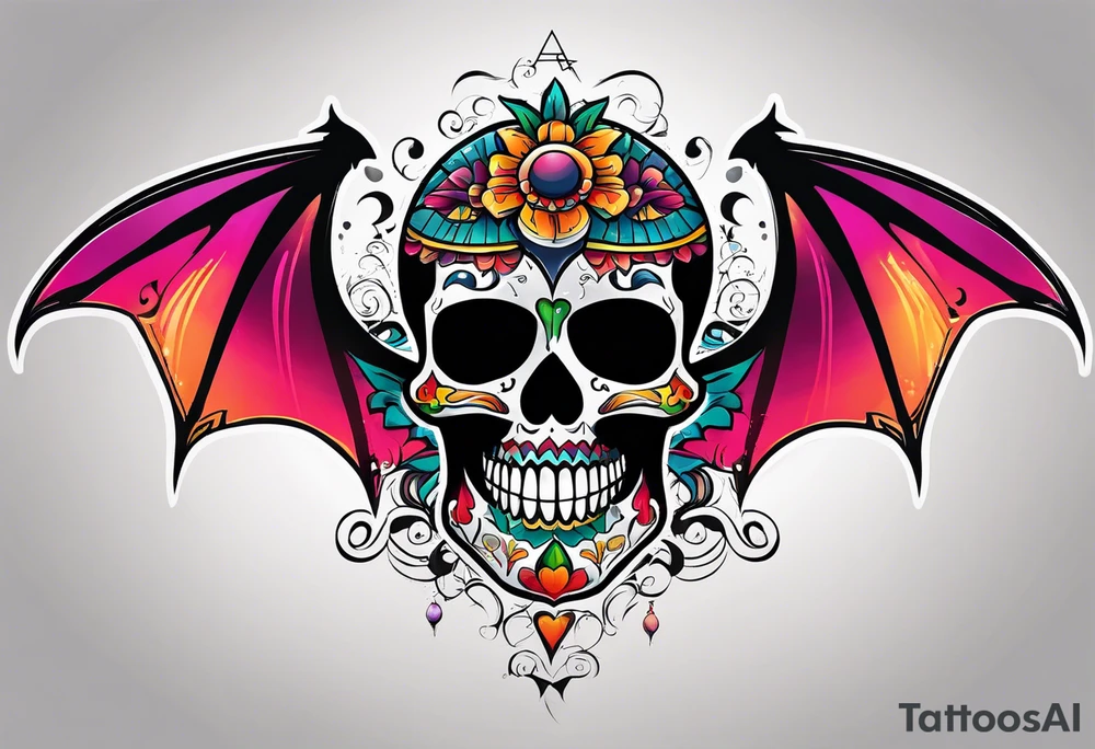 Colorful Mexican hieroglyph skull with bats and water tattoo idea