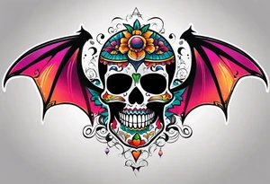 Colorful Mexican hieroglyph skull with bats and water tattoo idea