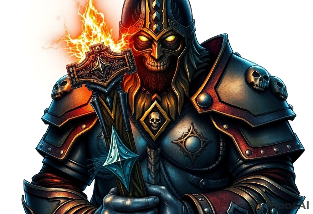 Warhammer, the Old World. A warrior priest of Sigmar holding The Warhammer of Sigmar. The Warhammer of Sigmar is radiating thunderous energy. The Warhammer is held by the warrior priest with both hands at the shaft with a firm grip, upon his chest level. The Warrior priest is wearing dark alloyed heavy armour (reference armor from warhammer vermintide 2 Victor Saltzpyres, the warrior priest of Sigmar class) with skull sigils on his shoulder pads. The warrior priest is wearing a helmet, while the helmets front visor has an humanoid face covering. The helmet and armour are gladened with hints of gold and crimson red. The Warhammer is silverish and golden with a long shaft with twisted carvings. tattoo idea