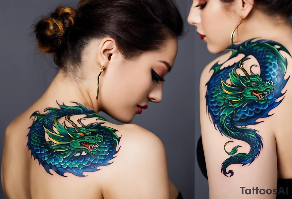 Surrealistic Tattoo: An epic with no wings, floating. Its long body coiling dynamically, with scales and horns detailed to create a sense of movement and strength. The dragon's main color is midnight blue but features little accents in green, blue, and gold, giving a vibrant depth and a mystical aura. This tattoo highlights the dragon’s fierce expression and sharp claws as it wraps protectively around the leg. Style: Surrealism tattoo idea