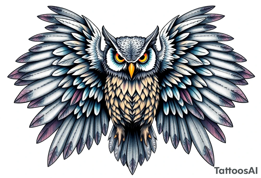 Majestic owl with huge wings spread out tattoo idea