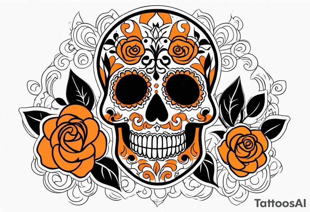Sugar skull with roses that are orange and black tattoo idea