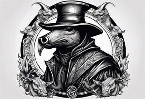 plague doctor surrounded by a scary boar, bull, pitbul, and snake for sleeve tattoo tattoo idea