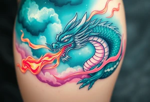 fierce dragon breathing iridescent fire against stormy skies green teal pink tattoo idea