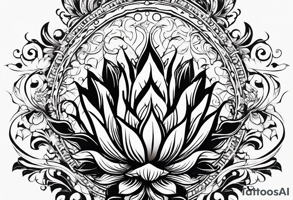 one vertical tattoo that combines lotus flower, phoenix and helix, strength and resilience symbols tattoo idea