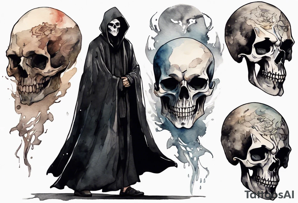 a thin medieval man in a black cloak wearing a skull mask, standing in a gloomy place tattoo idea
