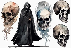 a thin medieval man in a black cloak wearing a skull mask, standing in a gloomy place tattoo idea