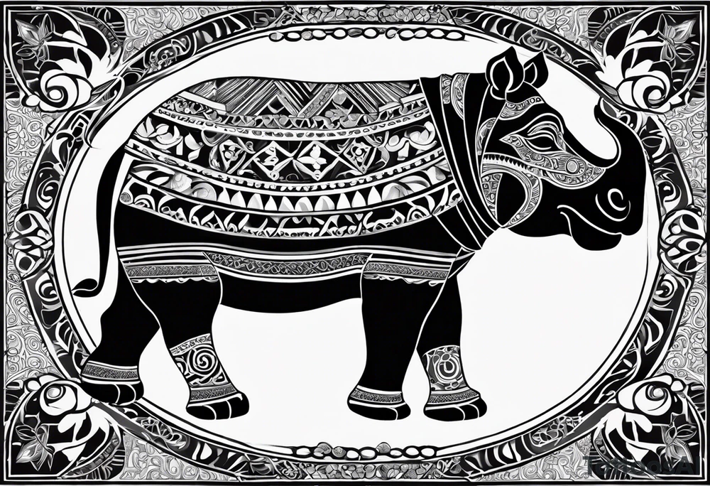 A foot long 2.5inches wide tattoo, containing a detailed hippo headwith tribal patterns in the middle, a full moon on the upper side, and some wintersweet flowwer on the bottom side, these three components are connected with arches, lines, little geometric patterns, the lines will ne fine and narrow tattoo idea