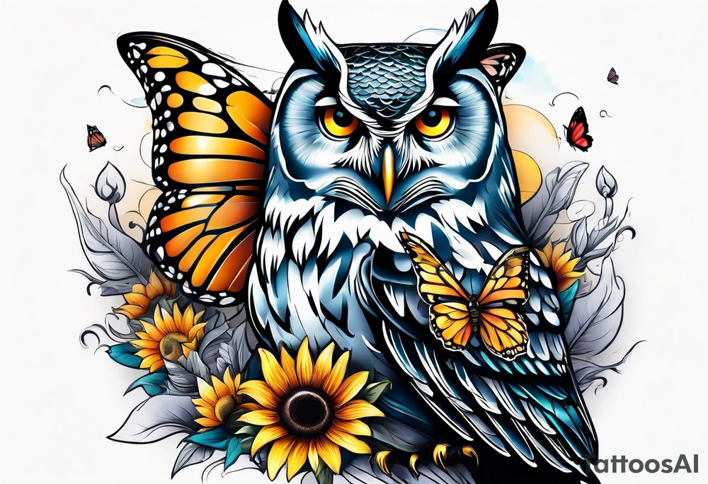 Sleeve with an owl, sunflower and butterfly tattoo idea