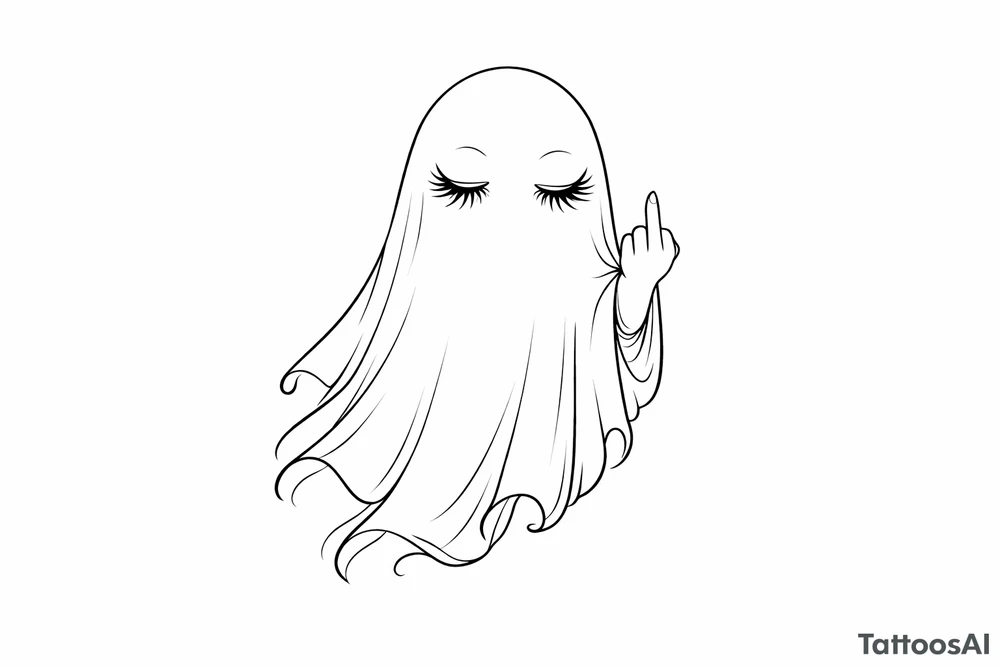 Ghost with long eyelashes giving middle finger fine line tattoo idea