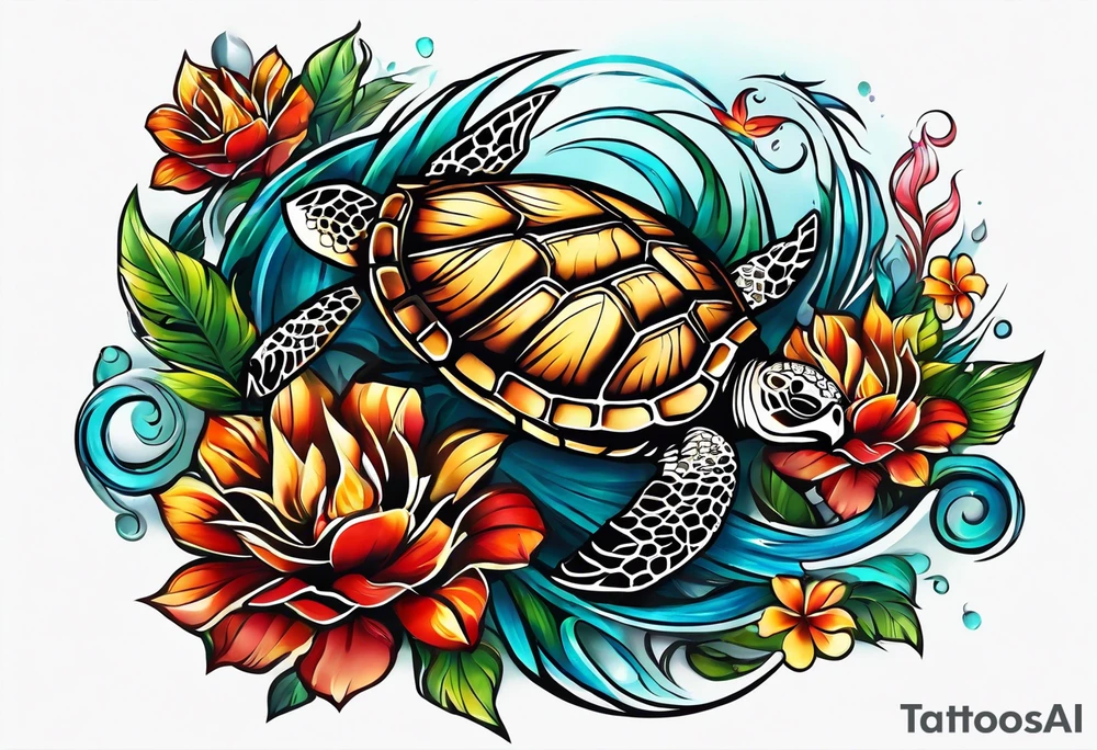 Full Sleeve and chest, Viking, Hawaiian, sea Turtle, flowers tattoo idea