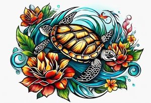 Full Sleeve and chest, Viking, Hawaiian, sea Turtle, flowers tattoo idea