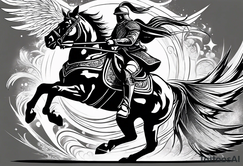 Polish Hussar Cavalry Soldier Rushing towards enemy, wings turned into dragon wings, charging with a spear that breaths fire tattoo idea