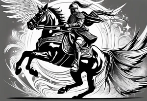 Polish Hussar Cavalry Soldier Rushing towards enemy, wings turned into dragon wings, charging with a spear that breaths fire tattoo idea