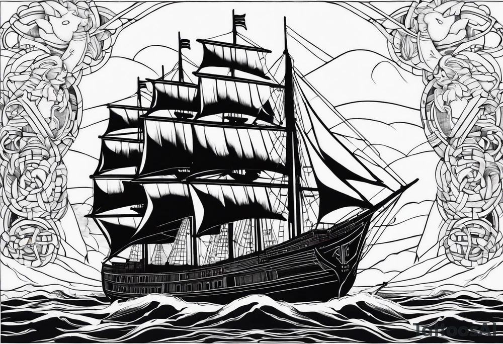 huge dark wooden ship facing left tattoo idea