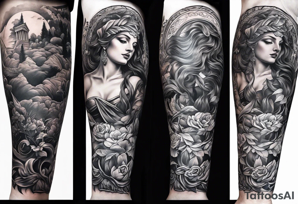 full left arm sleeve with greek mythology tattoo idea