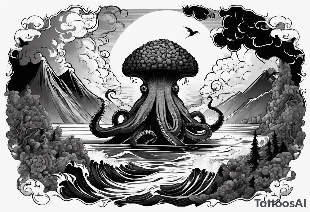 Octopus, volcano eruption, broken bridge tattoo idea
