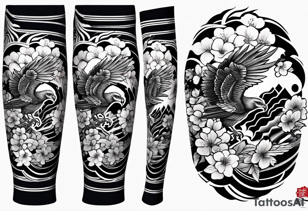 traditional horimono tattoo. 
leg sleeve with the following elements: hawk and cherry blossoms tattoo idea