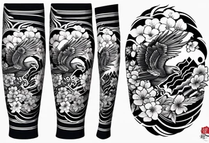 traditional horimono tattoo. 
leg sleeve with the following elements: hawk and cherry blossoms tattoo idea