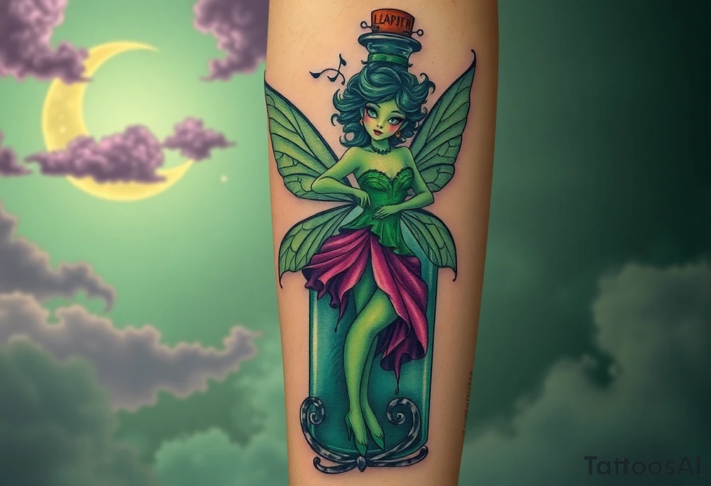 Tim Burton’s kelly doty pin up style Vintage Parisian elegant and hauntingly beautiful yet eerie full body absinthe Green Fairy dances outside her victorian crystal decatur she was once inside this elaborate ornate bottle absinthe bottle Absinthe Art Nouveau   and dripping with muted reds, dusty pinks, and eerie green glow.purple and cyan smokey clouds swirl in the crescent moonlit sky thats sprinkled with stars tattoo idea