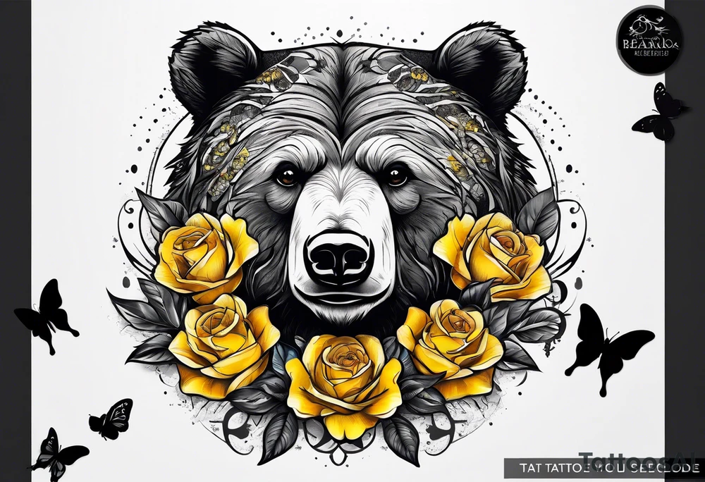 Bear under the tree of life with yellow roses and three butterflies for an upper arm tattoo. tattoo idea