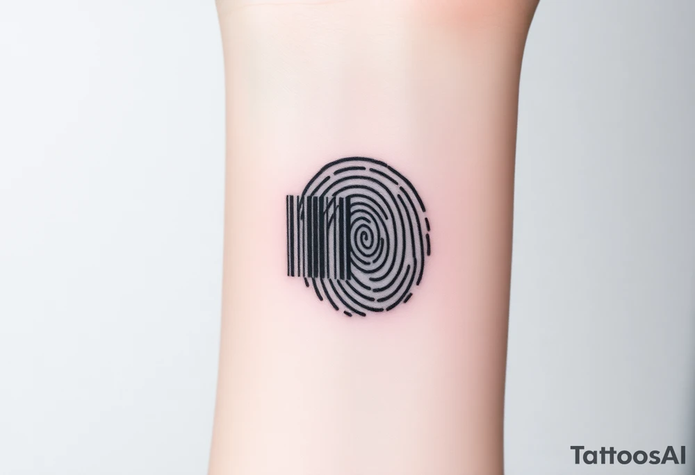 A barcode seamlessly merging into a fingerprint, symbolizing love that is unique and irreplaceable. tattoo idea