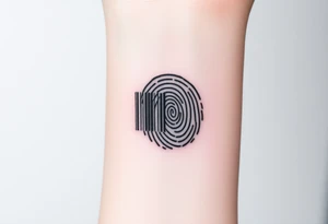 A barcode seamlessly merging into a fingerprint, symbolizing love that is unique and irreplaceable. tattoo idea