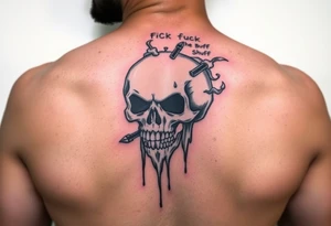 Graffiti type skull with markers dripping ink writing a tag that says on tick behind the skull with smoke that says fuck the buff tattoo idea