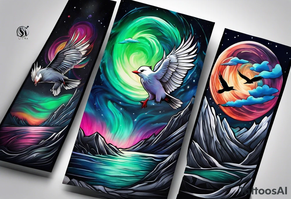 Northern lights with Pennywise and birds tattoo idea