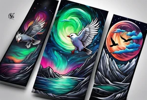 Northern lights with Pennywise and birds tattoo idea