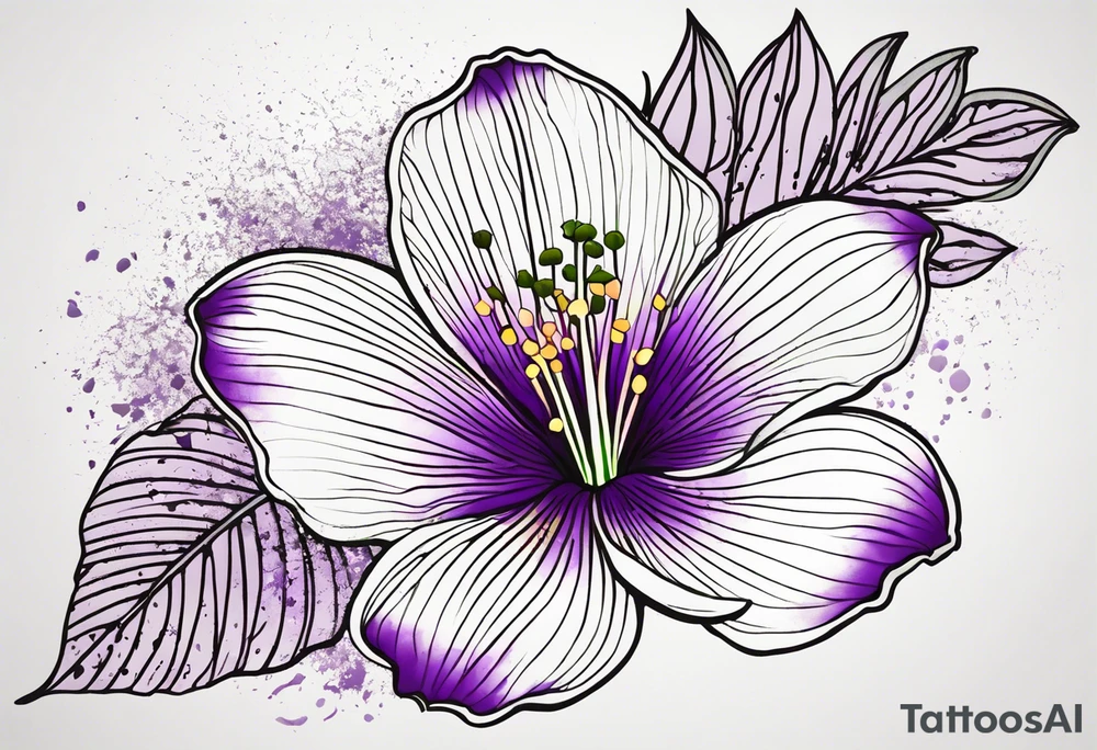 An outline of a rio dipladenia flower with a splatter green and purple background tattoo idea
