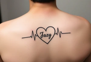 upper arm tattoo -faded heart beat outline for a deceased best friend with the name Jazy incorporated tattoo idea