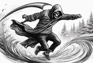 A picture showing a man chasing/running after the grim reaper tattoo idea