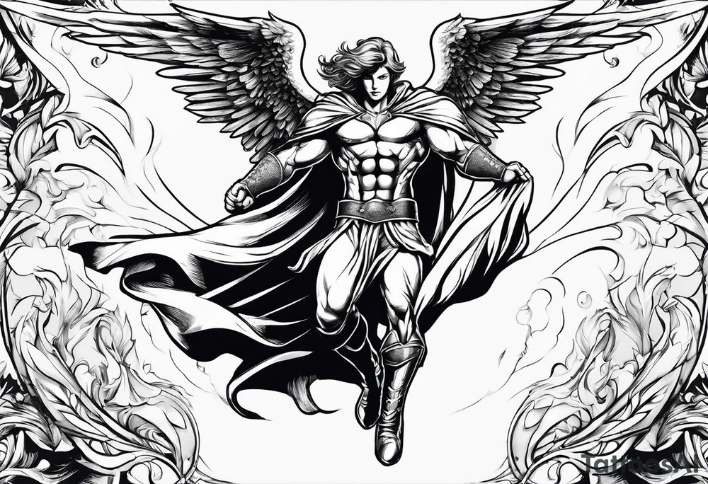 Angel in the pose of a superhero landing tattoo idea
