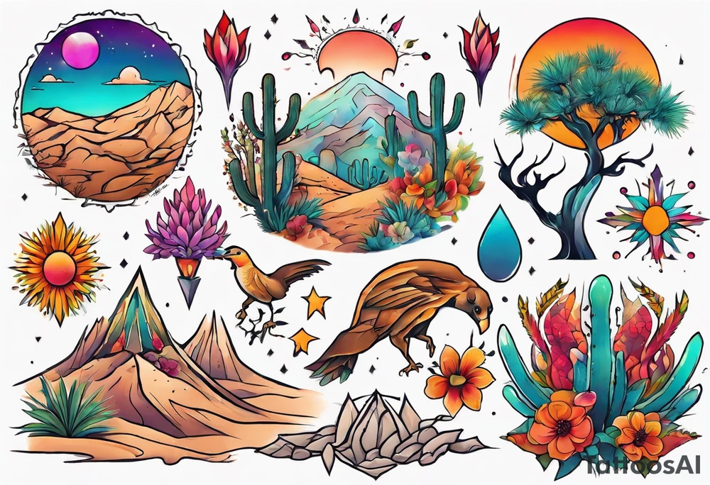 Design a vibrant, colorful, and intricate desert-themed tattoo to cover my chest piece. Incorporate elements like trees, flowers, and animals to create a harmonious and eye-catching composition. tattoo idea
