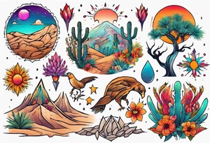 Design a vibrant, colorful, and intricate desert-themed tattoo to cover my chest piece. Incorporate elements like trees, flowers, and animals to create a harmonious and eye-catching composition. tattoo idea
