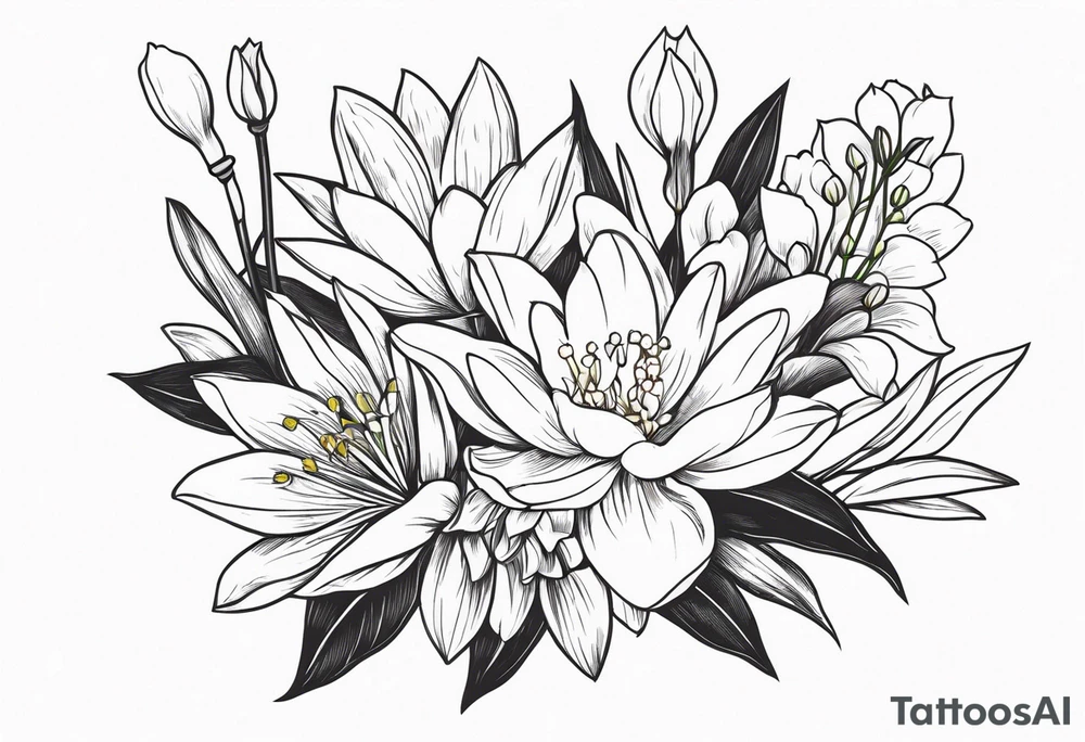 Water Lily, Lily of the Valley, Narcissus, and Gladiolus flower bouquet tattoo idea
