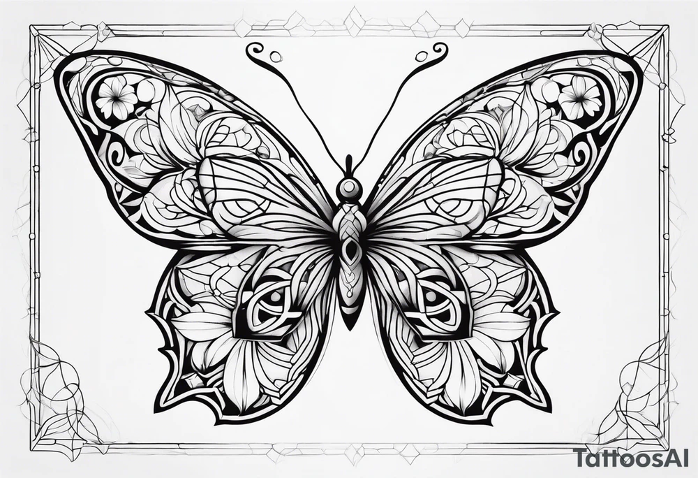 Black and white outline of sacred geometric shapes including fading flower of life into butterfly tattoo idea