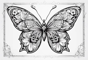 Black and white outline of sacred geometric shapes including fading flower of life into butterfly tattoo idea