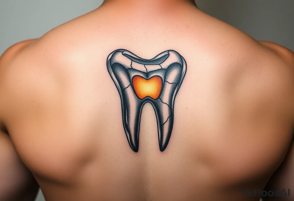 A molar tooth carved in marble, glowing from inside with a subtle golden light, realistic and artistic style tattoo idea