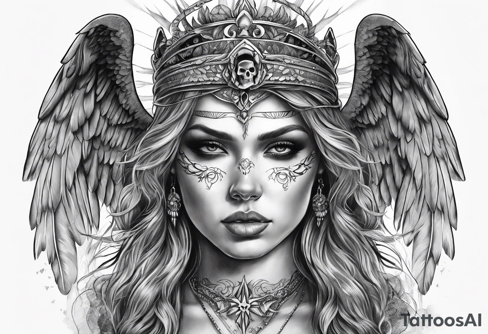realistic angel with skull face tattoo idea