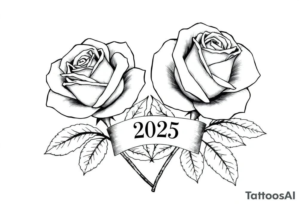 two beautiful large rose buds, one larger than the other, with lots and lots of leaves next to the rose buds, with one sitting slightly higher than the other, side-by-side.  Include a banner connecting the two roses with the year 2025 on it.   Use dark outlines with little shading. Remove all stems from the roses. tattoo idea