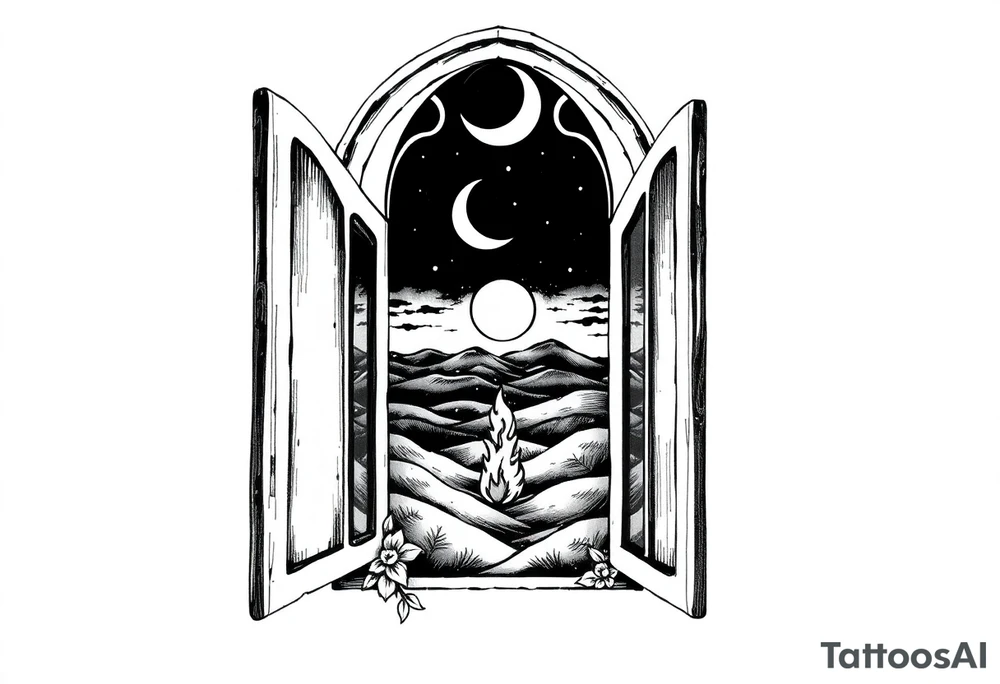 Tall church window with stained glass showcasing crescent moon over a hilly landscape as a fire burns in the distance '


, tattoo idea